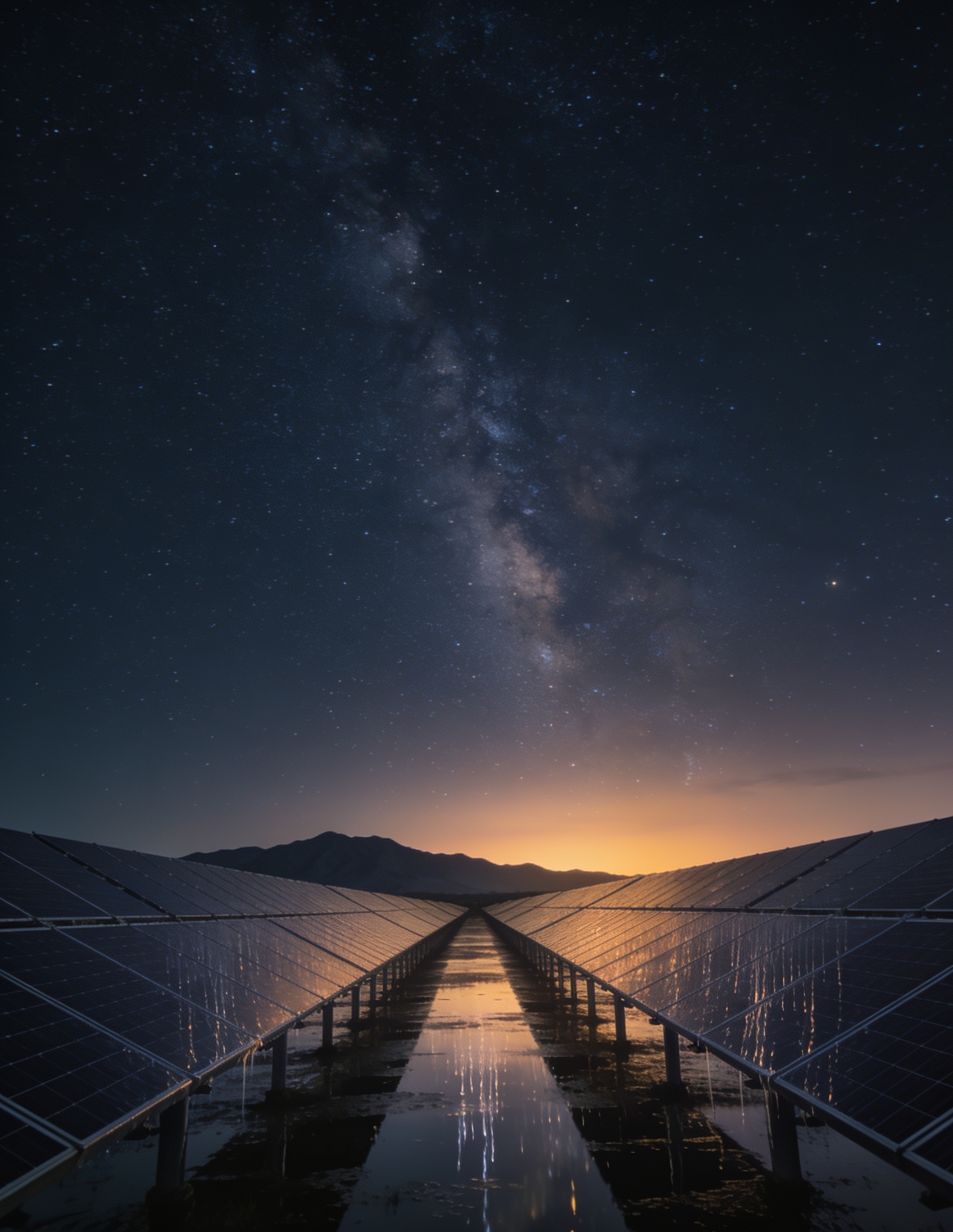 Utility-scale solar farm under a starry night sky, water tracing down the panel glass as dawn breaks
