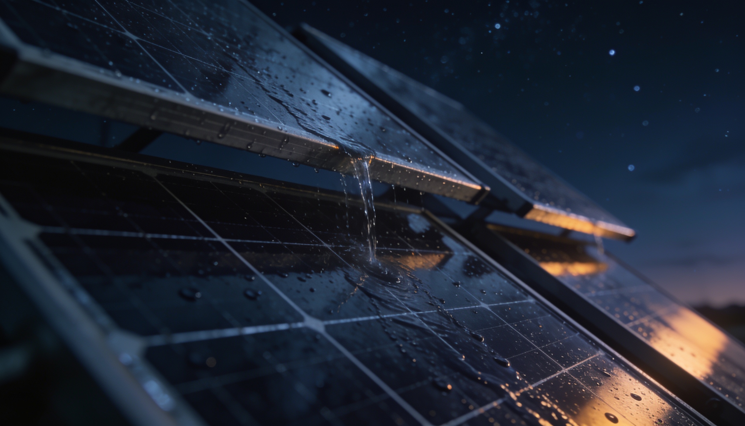 Close-up of water sheeting down solar panel glass under a starry sky